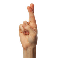 Finger spelling letter R in American Sign language on white background