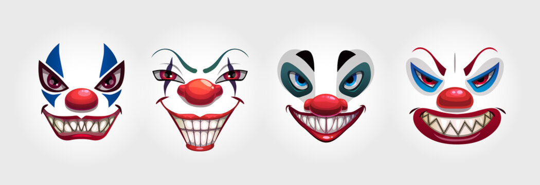Crazy clowns faces on white background. Circus monsters.