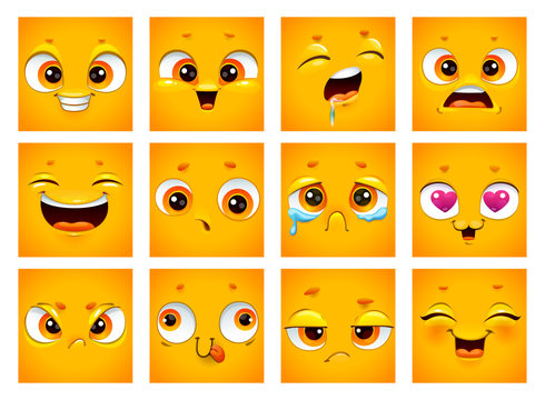Emoji face collection. Funny cartoon comic square yellow faces on white background.