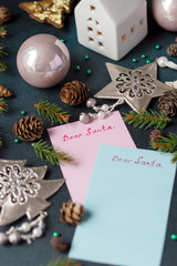 Christmas composition. Letters to Santa with Christmas and New Year decoration. Xmas decoration