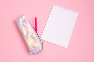 Mother of pearl pencil case, pink graphite pencil and notebook on a pastel pink background. The...