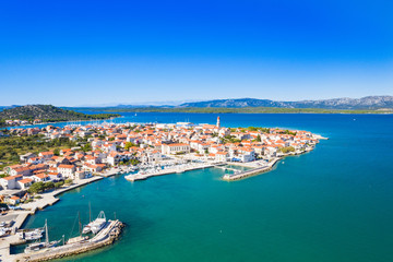 Fototapeta na wymiar Beautiful Croatian coast, Murter island and town of Betina from air, Dalmatia Croatia