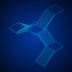 Wireframe stairs, interior staircases steps. Wireframe low poly mesh vector illustration.