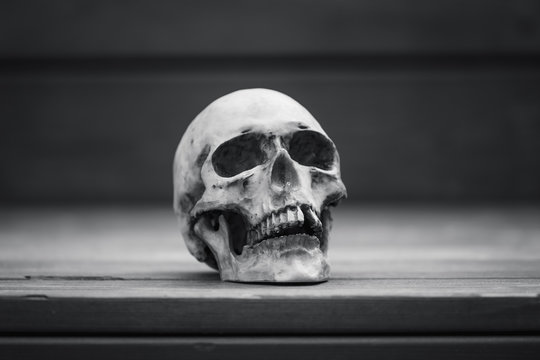 A human skull on a wooden background is illuminated by soft light. Halloween postcard layout