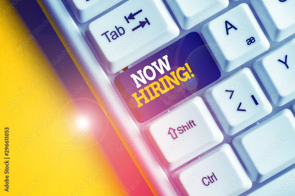 Aufkleber conceptual hand writing showing now hiring. concept meaning finding evaluating working relationship 
