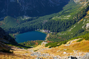 Naklejka na ściany i meble Poprad Lake in autumn colors from the hiking trail of the Ostrva mountain in High Tatras National Park, Slovakia