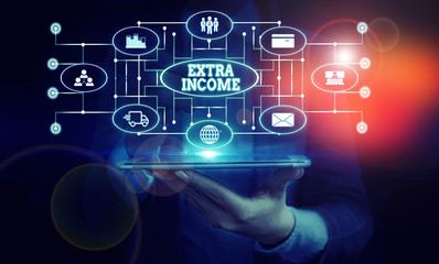 Conceptual hand writing showing Extra Income. Concept meaning Additional fund received or earned from a non regular basis Woman wear work suit presenting presentation smart device
