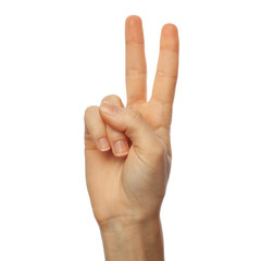 Finger spelling number 2 in American Sign Language on white background