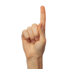 Finger spelling number 1 in American Sign Language on white background