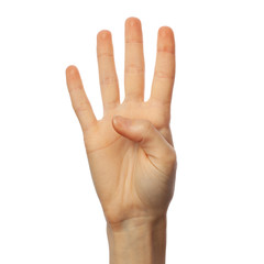 Finger spelling number 4 in American Sign Language on white background