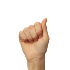 Finger spelling letter A in American Sign Language on white background