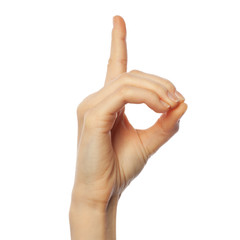Finger spelling letter D in American Sign Language on white background