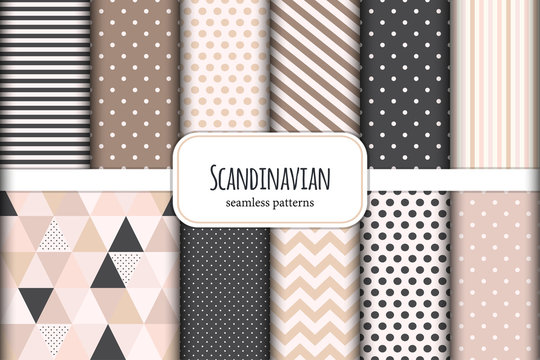 Fototapeta Cute set of Scandinavian geometric seamless patterns in neutral palette colors, vector illustration