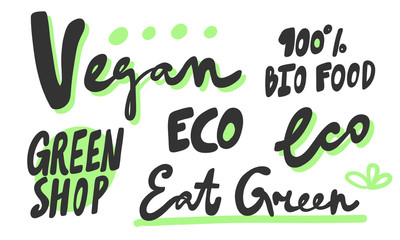 Green eco eat vegan organic bio sticker collection for social media content. Vector hand drawn illustration design. 