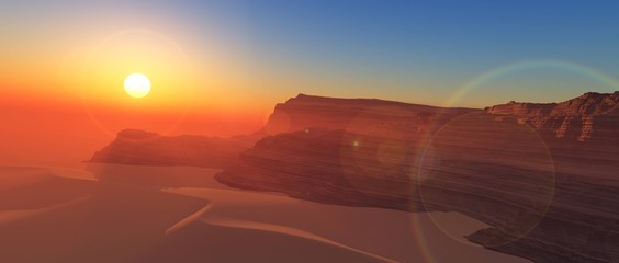 Sunset in the desert. The sun over the Danube. Sand and stones. 3d rendering.