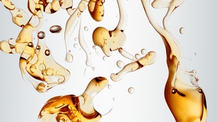 transparent orange gold oil bubbles and fluid shapes in purified water on a white gradient...