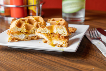 Chicken and waffle slider sandwiches. An inventive take on a Southern classic served for brunch.
