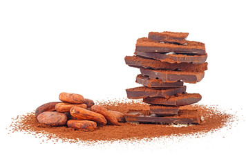 Dark chocolate bar, cacao beans and powder isolated on white background