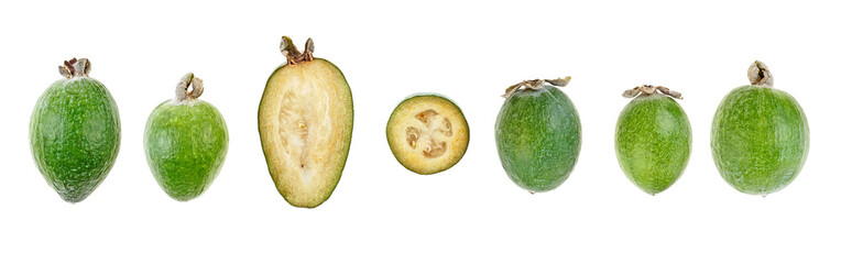 Fresh feijoa fruits with slices isolated on a white background. Top view.