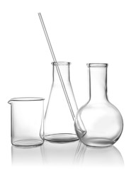 Clean empty laboratory glassware on white background