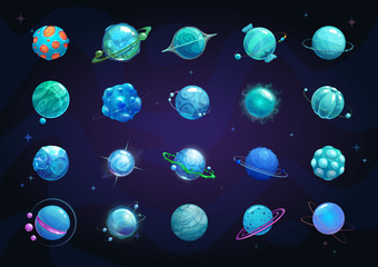 Cartoon blue planets set. Funny fantasy planet on cosmic background.