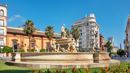 Fountain of Hispalis, landmark in Puerta de Jerez, a sea nymph carried by children, allegorical representation of the city known as Hispalis by Roman Empire, Seville, Andalusia, Spain