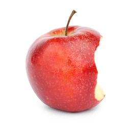 Fototapeta na wymiar Ripe juicy red apple with bite mark on white background