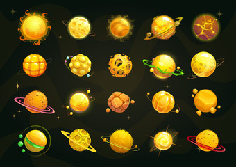 Cartoon yellow and orange planets set. Funny fantasy planet on cosmic background. © lilu330