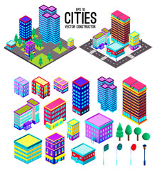 Isometric city, town, megapolis constructor. Illustration with skyscrapers, buildings. 3d icons and elements. Build your own city.