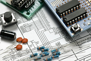 closeup of electronic components, printed circuit board, unit, part, circuit diagram, computer...