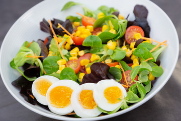 Salad egg mixed with spinach tomatoes, meal food delicious diet for healthy.