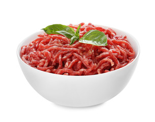 Fresh raw minced meat and basil on white background