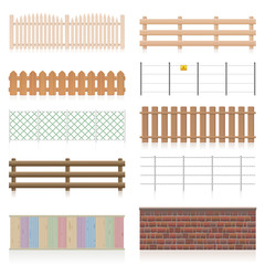 Different fences like wooden, garden, electric, picket, pasture, wire fence, wall, barbwire and other railings. Isolated vector illustration on white background. - obrazy, fototapety, plakaty