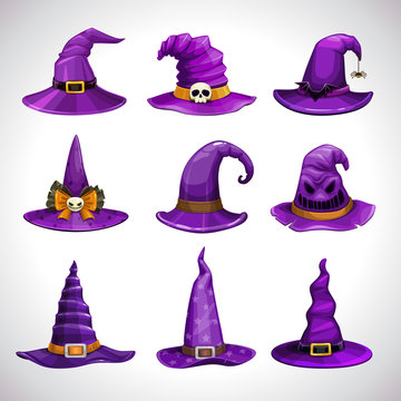 Cartoon Purple Witch Hats, Fantasy Caps Icons Set. Wizard Hat Collection.