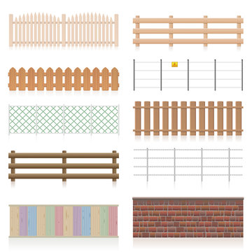 Different Fences Like Wooden, Garden, Electric, Picket, Pasture, Wire Fence, Wall, Barbwire And Other Railings. Isolated Vector Illustration On White Background.