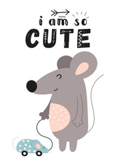 Childish poster for nursery scandi design with funny gray mouse and toy mice in Scandinavian style. Vector Illustration. Kids illustration for baby clothes, greeting card, kids print. I am so cute.