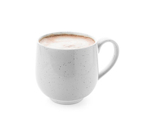 Delicious cocoa drink in cup on white background