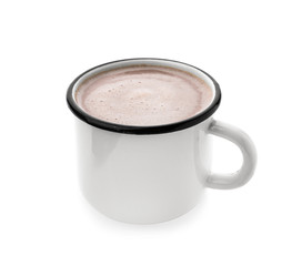 Delicious cocoa drink in mug on white background