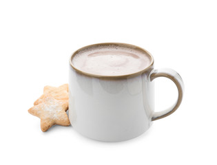 Delicious cocoa drink in cup and cookies on white background