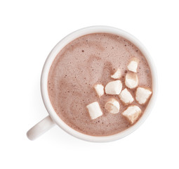 Delicious cocoa drink with marshmallows in cup on white background, top view