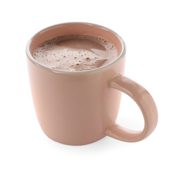 Delicious cocoa in beige cup on white background