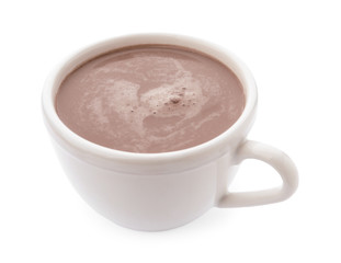 Delicious cocoa drink in cup on white background