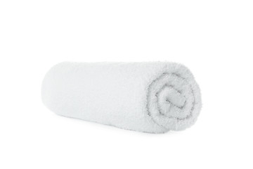 Fototapeta na wymiar Rolled soft terry towel on white background