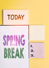 Word writing text Spring Break. Business photo showcasing Vacation period at school and universities during spring Colored empty papers with copy space on the yellow background table