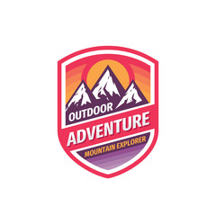 Outdoor adventure - concept badge design. Mountains climbing creative logo. Expedition hiking emblem. Vector illustration. 