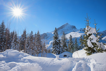 winter landscape in the bavarian alps, view to Alpspitze mountain