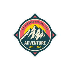 Mountain adventure badge design. Wilderness exploration concept sign. Climbing & hiking vector symbol. 