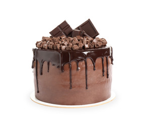 Freshly made delicious chocolate cake on white background