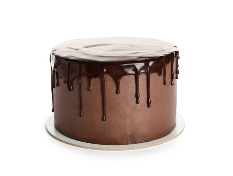 Freshly made delicious chocolate cake on white background
