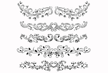 Wreath ornaments with leaves vectors.  Set Collection of Vintage Ornament Elements, Hand drawn vector dividers. Doodle design elements. Decorative swirls dividers.